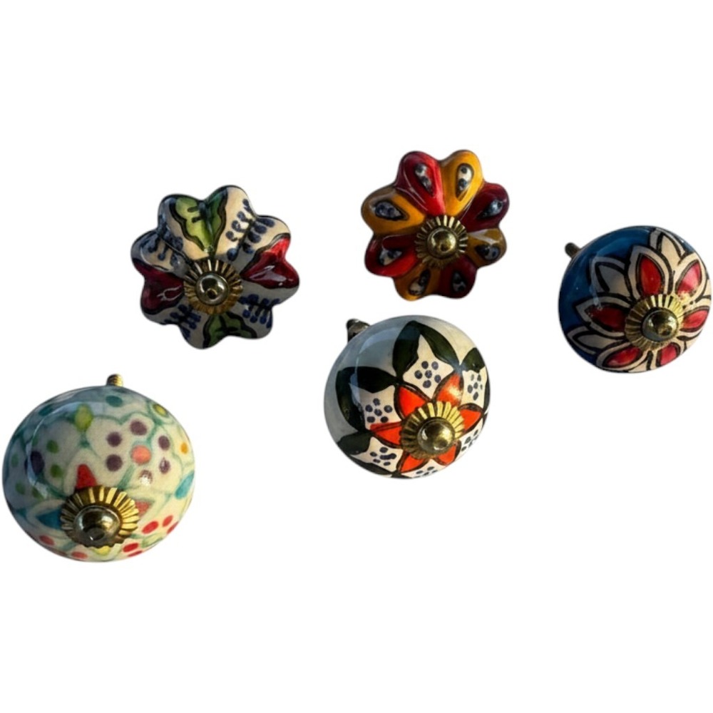 Set of 5 Hand Painted Ceramic Drawer Pulls Boho Floral Cabinet Knobs Multi Color